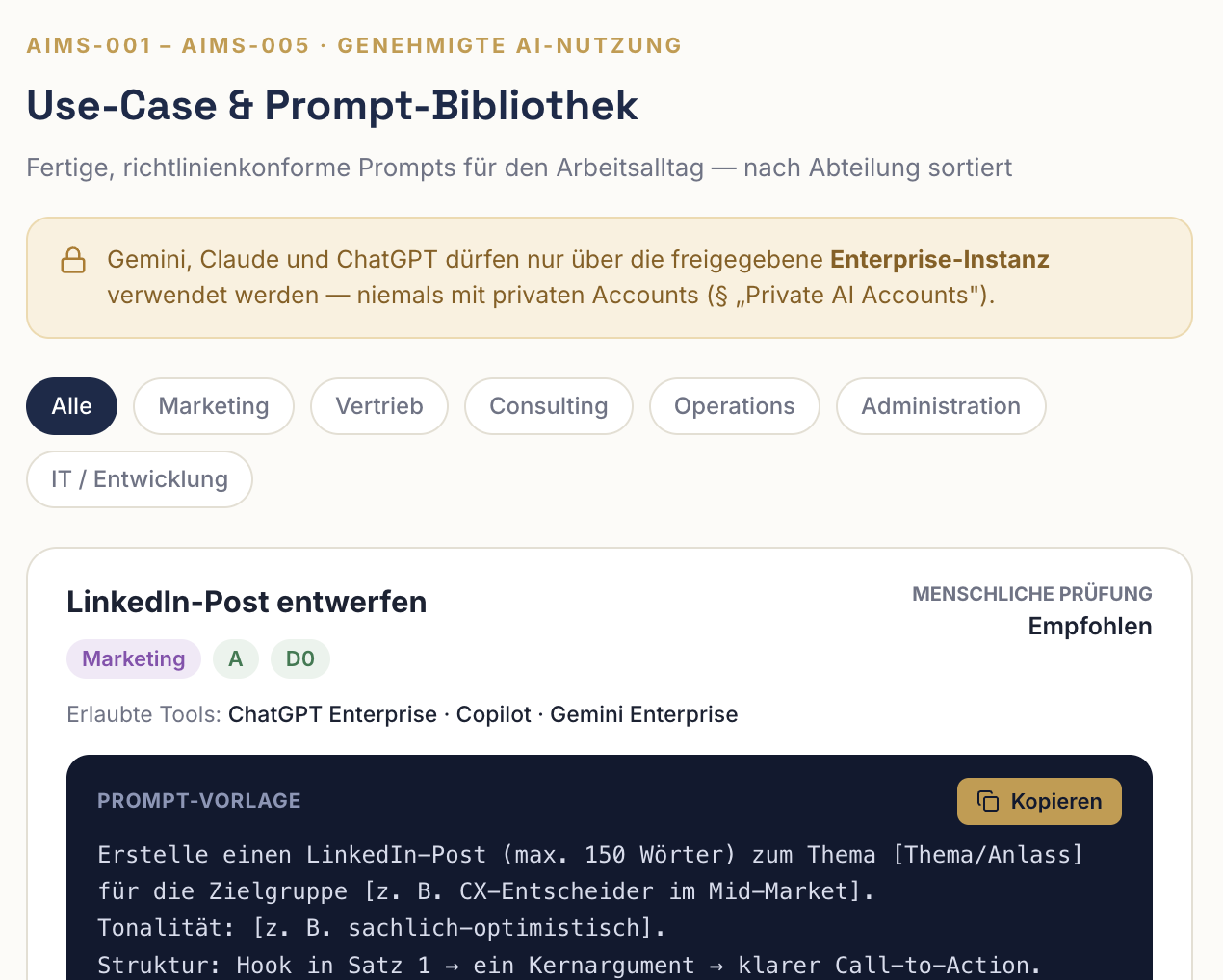 Casaios use case and prompt library with departmental filters