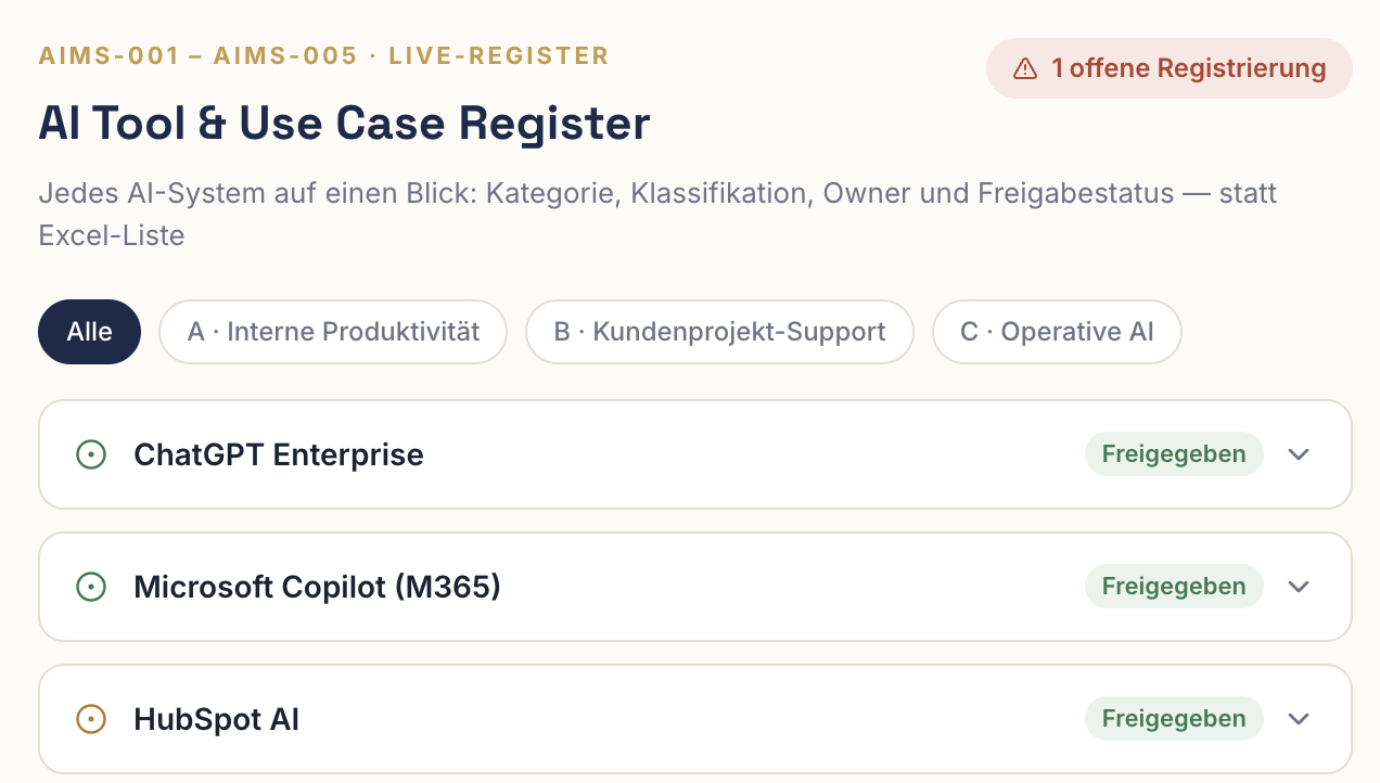 Casaios AI tool and use case register with approval statuses