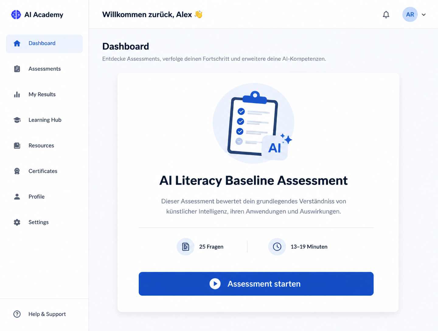 Casaios AI literacy baseline assessment start screen